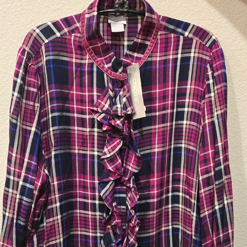 CHICO'S Multicolor Plaid Ruffle Blouse / 100% Rayon / Sz 1 (NWT)